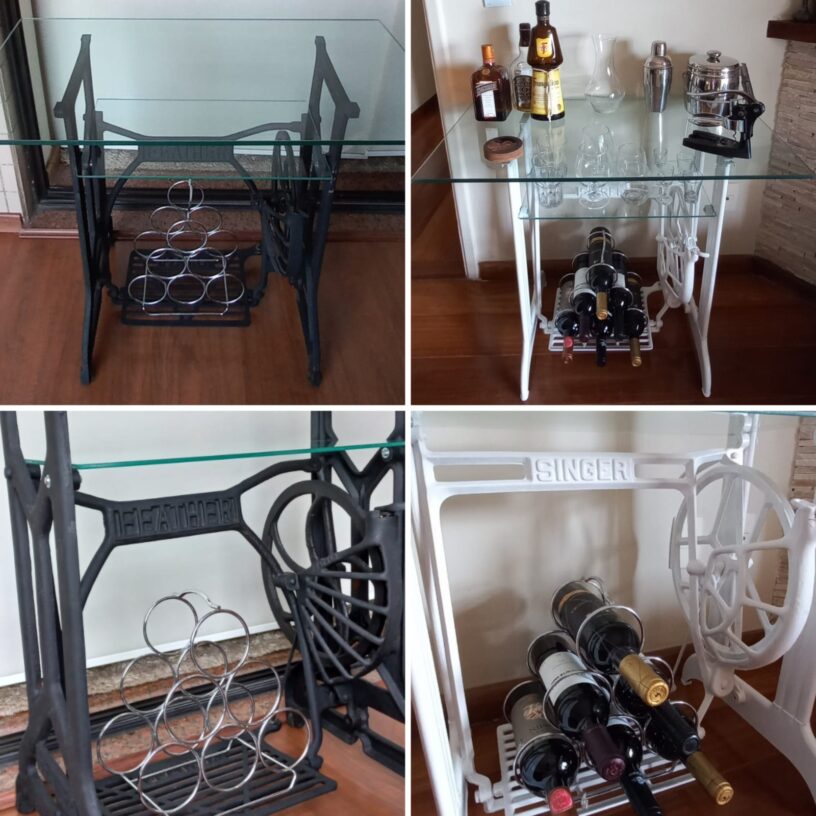Carrinho Bar com Pé de Máquina de Costura e Tampo em Vidro